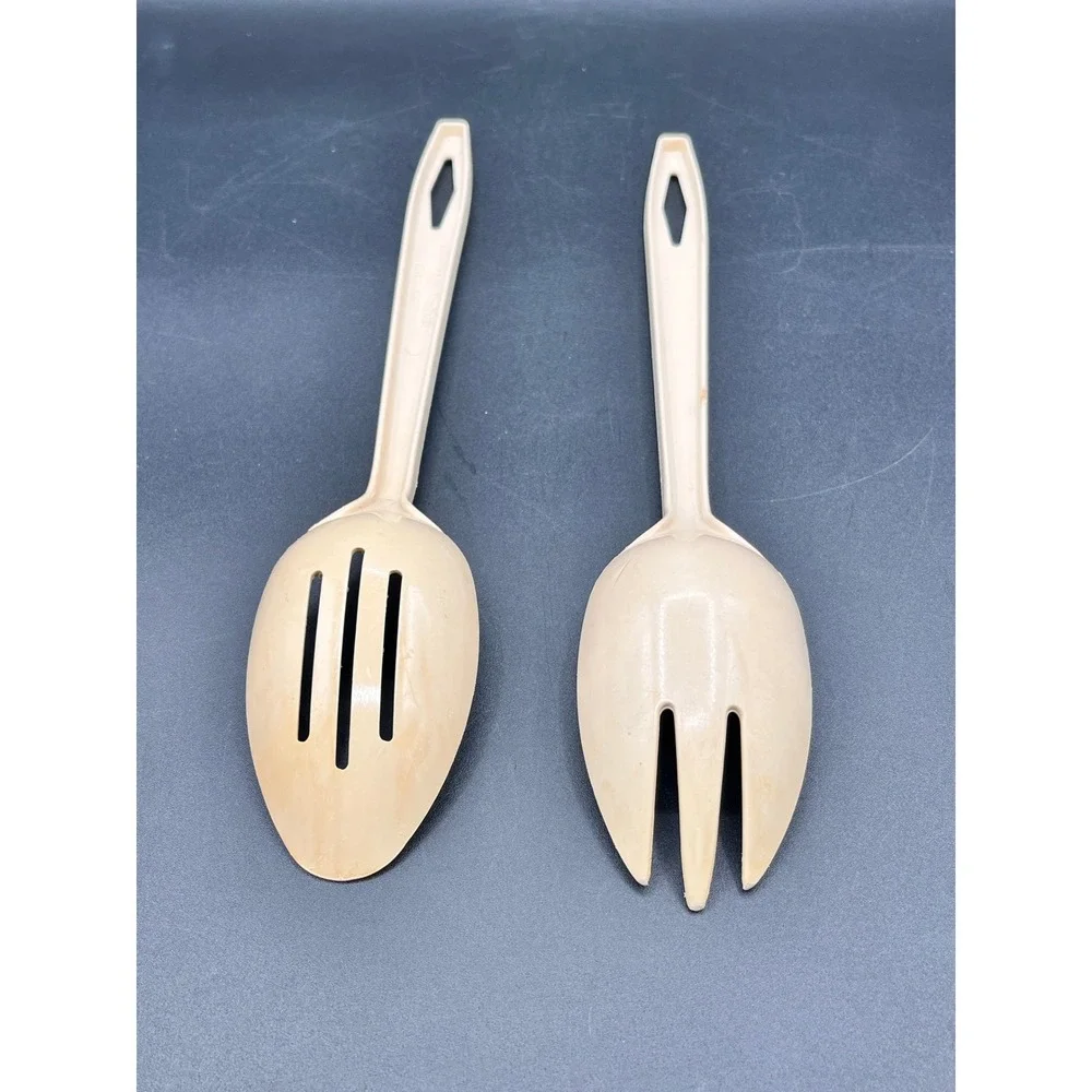 Vtg Tailor Made Salad Server Set Slotted Spoon Fork Almond Beige Plastic Kitchen